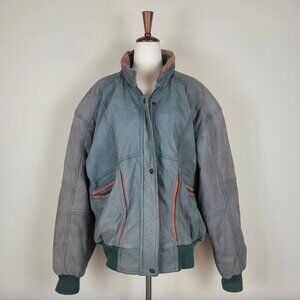 VTG OutBrook Bomber Jacket Women Large Green Leather Patina Color Block 90s RARE